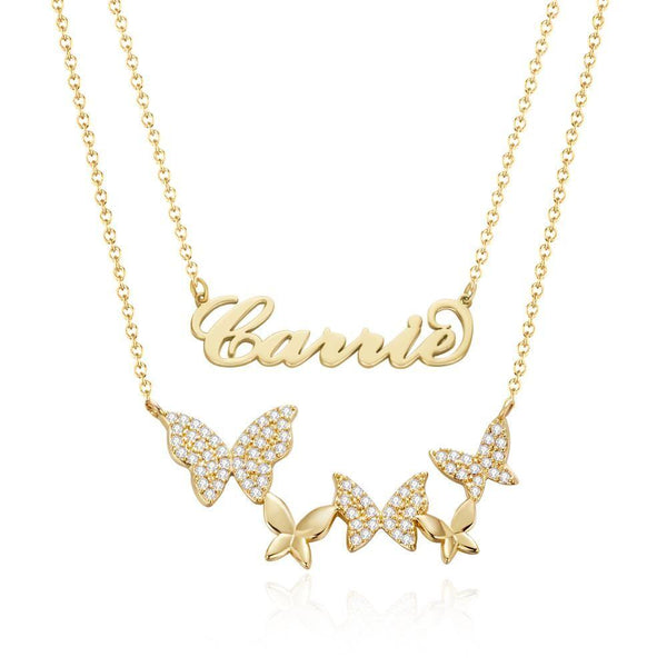 Carrie Name and Butterflies Layered Necklace Set