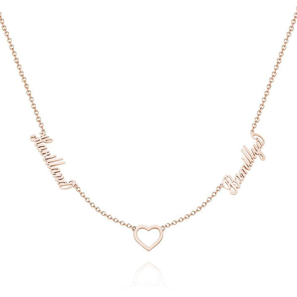Rose Gold Plated Personalized Heart Cut-Out and Two Names Cut-Out Name Necklace for Couples