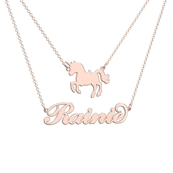 Cissyia.com Rose Gold Plated Personalized Unicorn and Cut-Out Two-Strand Name Necklace