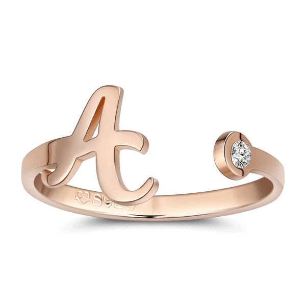 Cissyia.com Rose Gold Plated Personalized Birthstone and Single Initial Cut-Out Cuff Ring