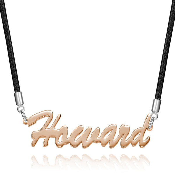 Rose Gold Plated Men’s Personalized Name Cut-Out Necklace, Leather Chain