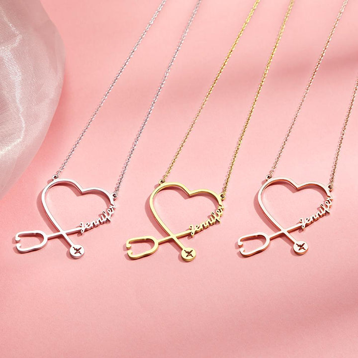 Cissyia.com Rose Gold Plated Heart and Stethoscope Name Cut-Out Name Necklace